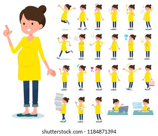 A set of Pregnant women with who express various emotions.There are actions related to workplaces and personal computers.It's vector art so it's easy to edit.