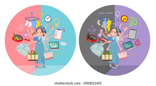 A set of Pregnant Women who perform multitasking in offices and private.There are things to do smoothly and a pattern that is in a panic.It's vector art so it's easy to edit.