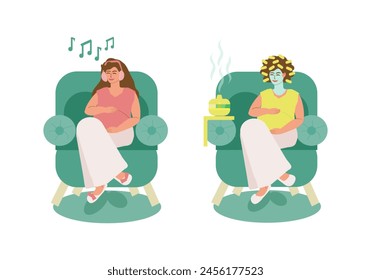 Set, a pregnant young woman sits in a chair and relaxes, listens to music on headphones, makes a cosmetic face mask, inhales the aroma of an aroma lamp. Maternity, pregnancy, maternity leave. 