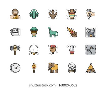 Set Of Prehistoric Age Color Line Icons. Dinosaur, Meteorite, Mammoth And More.