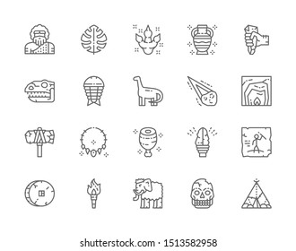 Set Of Prehistoric Age Line Icons. Tropical Palm Leaf, Dinosaur, Meteorite, Primitive Axe, Torch Flame, Mammoth And More.