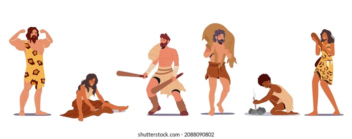 Set of Prehistoric Ages Characters Wear Animal Skin Use Primitive Tools for Hunting, Light a Fire, Man Demonstrate Power Showing Muscles. Neanderthal People Lifestyle. Cartoon Vector Illustration