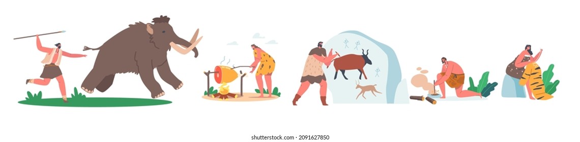 Set Of Prehistoric Ages People Wear Animal Skin Use Primitive Tools For Hunting, Light A Fire, Man Hunting Mammoth, Woman Curry Skin, Neanderthal Characters Lifestyle. Cartoon Vector Illustration