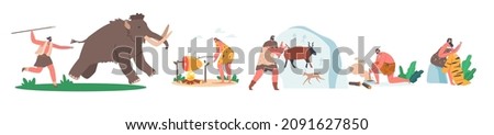 Set of Prehistoric Ages People Wear Animal Skin Use Primitive Tools for Hunting, Light a Fire, Man Hunting Mammoth, Woman Curry Skin, Neanderthal Characters Lifestyle. Cartoon Vector Illustration Foto stock © 