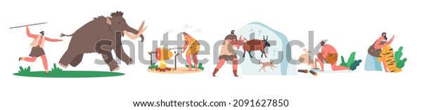 Set of Prehistoric Ages People Wear Animal Skin Use Primitive Tools for Hunting, Light a Fire, Man Hunting Mammoth, Woman Curry Skin, Neanderthal Characters Lifestyle. Cartoon Vector Illustration