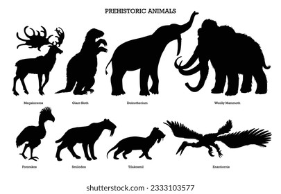 Set of prehistoric animals black silhouettes, vector illustration isolated on white background. Monochrome icons of extinct animals - megaloceros, giant sloth, wooly mammoth and smilodon.