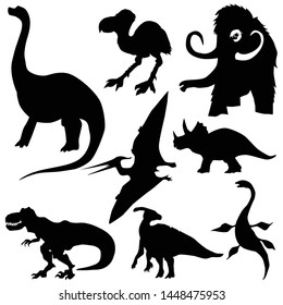 set of prehistoric animals with t-rex, dinosaur, mammoth, triceratops, pterodactyl. Motive of jurassic, glacial period, past, natural history, ice age.