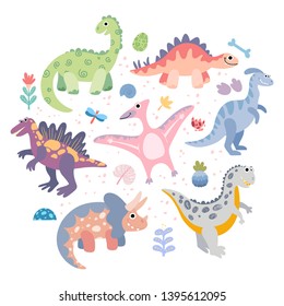 Set of prehistoric animals triceratops, t-rex, pteranodon, spinosaurus, stegosaurus, velociraptor, parasaurolophus. Vector flat hand drawn dinosaurs for kids book, posters, textile.