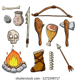 Set of prehistoric cave man. Tool for hunting and living. Wooden club, stone axe, fire, leather clothing, bones, skull, clay pot, bow and arrow, raw meat. Harpoon for fishing hand-drawn.