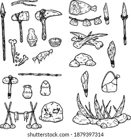 Conjunto de artículos de caballería para cazar. Trampa para animales, hacha de piedra o martillo, lanza, carne cruda y hueso. Esbozo de dibujos animados