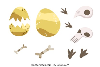 Set of prehistoric dinosaur eggs skulls and bones. Perfect for educational materials and children projects. Great for dinosaur themed birthday parties and science decor.