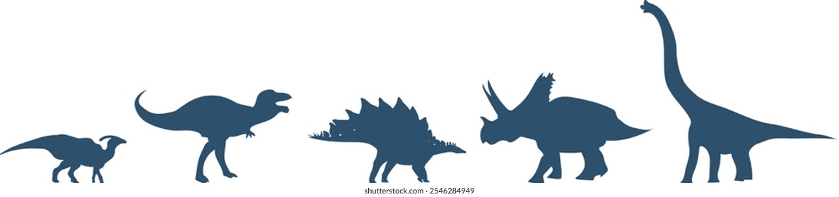 Set of prehistoric dinosaurs silhouettes isolated on white background