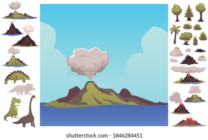 Set of prehistoric earth elements including dinosaurs and volcano. Volcano landscape and nature of the Mesozoic era flat vector illustration isolated on white background.