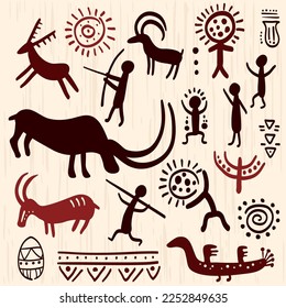 Set with prehistoric rock painting petroglyphs depicting human and animal. Cave art with ancient wild animal, hunter and ornament. Palaeolithic Petroglyphs with hunting scene. Vector illustration EPS8