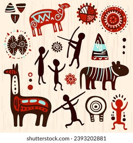 Set with prehistoric rock painting petroglyphs depicting human and animal. Cave art with ancient wild animal, hunter and ornament. Palaeolithic Petroglyphs with hunting scene. Vector illustration EPS8