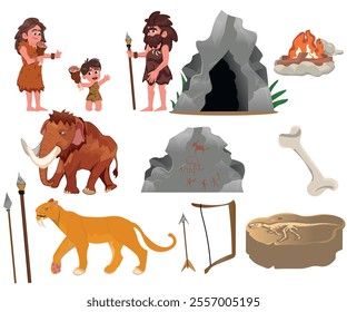 Set of prehistoric stone age people, tools and ancient wild animals cartoon illustration.