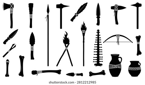 Set of prehistoric stone age tool and weapon silhouettes including axes, spears, bows, arrows, torches, bones, and primitive pottery vessels isolated on a white background.