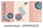 Set of pre-made backgrounds in Asian style. Fantasy plants, stylization of Chinese, Japanese ornament. Vector illustration in pastel colors for branding, posters, invitations