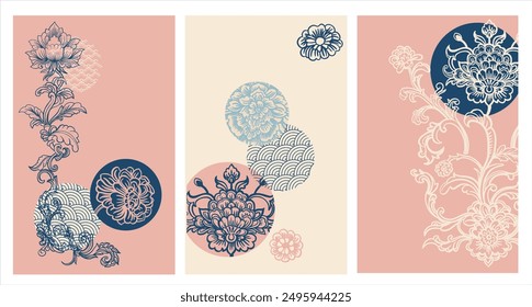 Set of pre-made backgrounds in Asian style. Fantasy plants, stylization of Chinese, Japanese ornament. Vector illustration in pastel colors for branding, posters, invitations