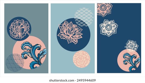 Set von vorgefertigten Hintergründen im asiatischen Stil. Fantasy-Pflanzen, Stilisierung der chinesischen, japanischen Ornament. Vektorgrafik in Pastellfarben für Branding, Poster, Einladungen