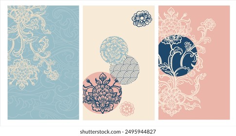 Set of pre-made backgrounds in Asian style. Fantasy plants, stylization of Chinese, Japanese ornament. Vector illustration in pastel colors for branding, posters, invitations