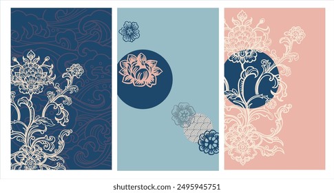 Set of pre-made backgrounds in Asian style. Fantasy plants, stylization of Chinese, Japanese ornament. Vector illustration in pastel colors for branding, posters, invitations