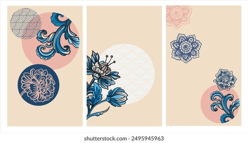 Set of pre-made backgrounds in Asian style. Fantasy plants, stylization of Chinese, Japanese ornament. Vector illustration in pastel colors for branding, posters, invitations