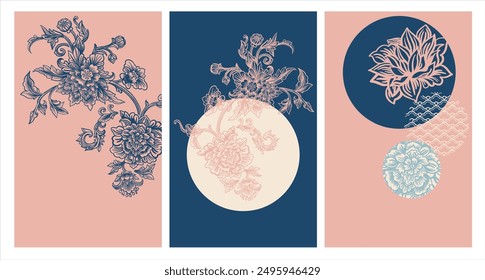 Set of pre-made backgrounds in Asian style. Fantasy plants, stylization of Chinese, Japanese ornament. Vector illustration in pastel colors for branding, posters, invitations