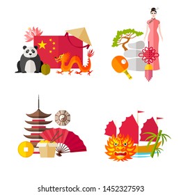 A set of pre-made cards with famous symbols of China. Vector templates on travel to asia. Cards in flat style with Chinese attributes.