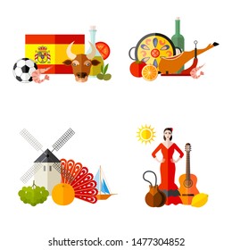 Set of pre-made cards with Spanish symbols. Flat style composition. Vector travel templates.