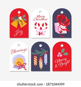 Set of pre-made Christmas gift tags wit traditional decorations. Collection of holiday labels for presents 