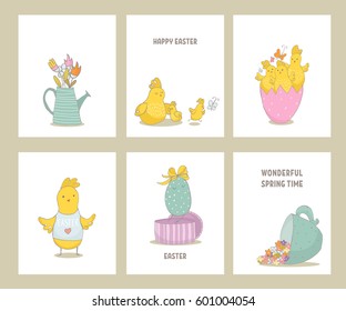 Set of premade Easter cards with hand drawn chicks and spring elements. Cute hand sketched chicks. Vector Illustration