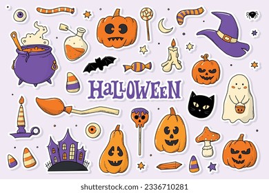 Conjunto de pegatinas de Halloween prefabricadas con borde blanco para impresiones, sublimación, etiquetas, tarjetas, carteles, prendas de vestir, planificadores, papel, etc. EPS 10