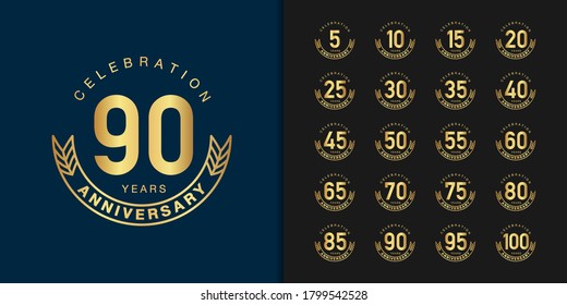 Set of premium anniversary logotype. Golden anniversary celebration emblem design for company profile, leaflet, magazine, brochure, web, banner, invitation or greeting card. Vector illustration.