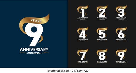 Conjunto de logotipo de aniversario premium. Diseño de emblema de la celebración del aniversario de oro para el perfil de la empresa, folleto, revista, folleto, Web, Anuncio, invitación o tarjeta de felicitación. Ilustración vectorial.