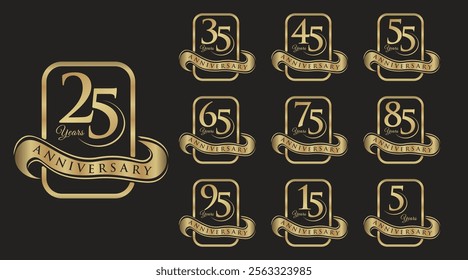 Set Of Premium anniversary years celebration emblem logo design vector, Rectangle 25, 15, 35 years, Anniversary celebration logo. Anniversary logo on gold color collections