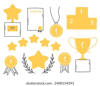 Set of premium awards icons in doodle style. Vector illustration. Linear awards, trophies, cups and diplomas.