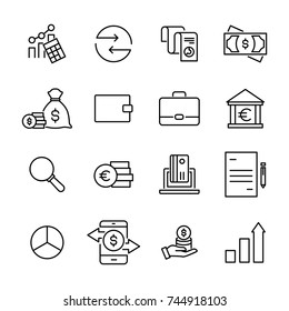 Set of premium banking icons in line style. High quality outline symbol collection of money. Modern linear pictogram pack of finance. Stroke vector illustration on a white background.
