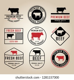 Conjunto de etiquetas de carne de vacuno premium, insignias y elementos de diseño.  Ilustración vectorial