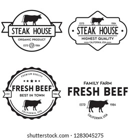 Set of premium beef labels, badges and design elements. Logo for butchery, meat shop, steak house etc. Vector vintage illustration.