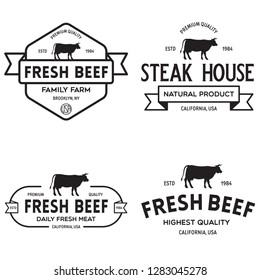 Set of premium beef labels, badges and design elements. Logo for butchery, meat shop, steak house etc. Vector vintage illustration.