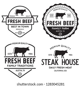 Set of premium beef labels, badges and design elements. Logo for butchery, meat shop, steak house etc. Vector vintage illustration.