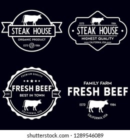 Set of premium beef labels, badges and design elements. Logo for butchery, meat shop, steak house etc. Vector vintage illustration.