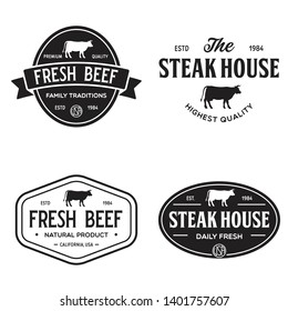 Set of premium beef labels, badges and design elements. Logo for butchery, meat shop, steak house etc. Vector vintage illustration.