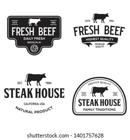 Set of premium beef labels, badges and design elements. Logo for butchery, meat shop, steak house etc. Vector vintage illustration.