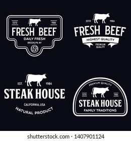 Set of premium beef labels, badges and design elements. Logo for butchery, meat shop, steak house etc. Vector vintage illustration.