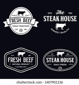 Set of premium beef labels, badges and design elements. Logo for butchery, meat shop, steak house etc. Vector vintage illustration.