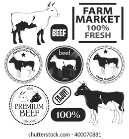 Set of premium beef labels, badges and design elements. Vector illustration
