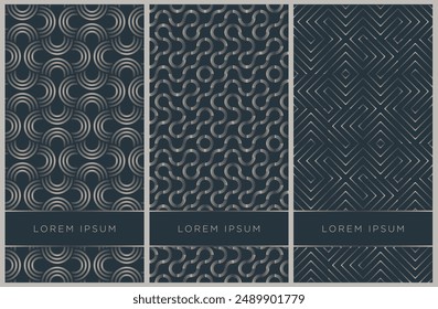 Set of premium cards with abstract geometrical patterns. Seamless monochromatic silver backgrounds useful for invitation templates, flyers, booklets.