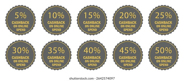 Set of premium cashback offer badges from 5% to 50% in gold text background. Scalloped edge design ideal for online promotions, shopping deals, and ecommerce reward campaigns.